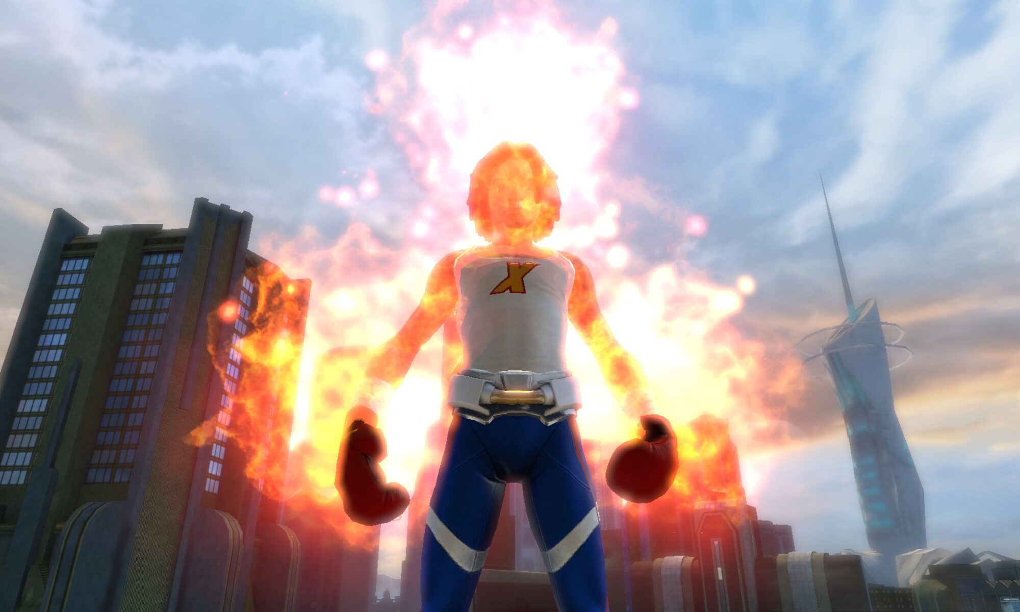 Ali X engulfed in flames, standing powerfully with a glowing aura against a city skyline.